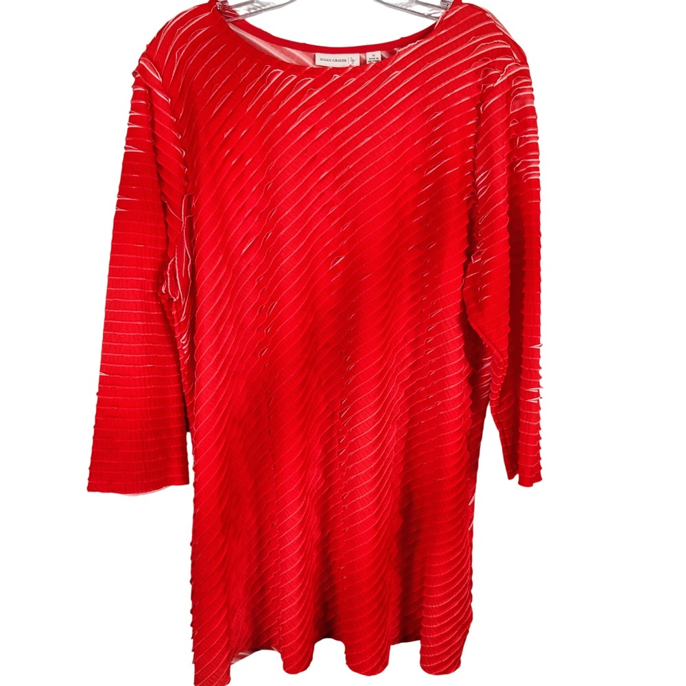 Susan Graver Womens 1X Ruffle Textured Tunic Red Pleated Stretch Modern T329